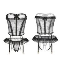 Péché Bourgeois |  レースビスチエ/コルセット＆Tバックセット（ガーターベルト付・オープンクロッチ仕様）|【即日発送・サイズ交換NG・メール便対象】輸入下着・ランジェリー<PB0013>