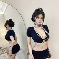 Série Fantasmagorique | 5点セット キャビンアテンダント（CA）コスプレ・タイトスカート ランジェリーセット(トップス・スカート・ネックスカーフ・Tバック・キャップ) | 即日発送・サイズ交換NG・メール便対象】輸入下着・ランジェリー<SF0004>