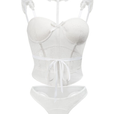 Luxe Solitaire | 高級ランジェリー・ホワイトテンプテーション・レースビスチエ/コル4点セット（ワイヤーあり・首ベルト・ガ-タ-・T バック） | 【即日発送・サイズ交換NG・送料無料】下着・ランジェリー<LS0001>