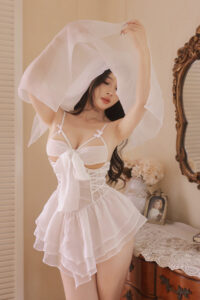 Luxe Solitaire | 高級ランジェリー・2点セット　フレンチブライダル・テディ ボディスーツ (ヴェール付き)・ホワイト | 【即日発送・サイズ交換NG・送料無料】下着・ランジェリー<LS0005>